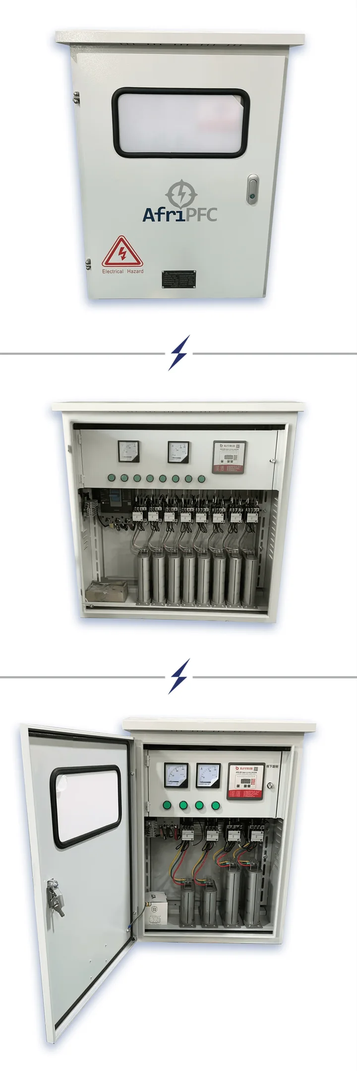 AfriPFC correction panels showing the capacitor banks and controller inside
